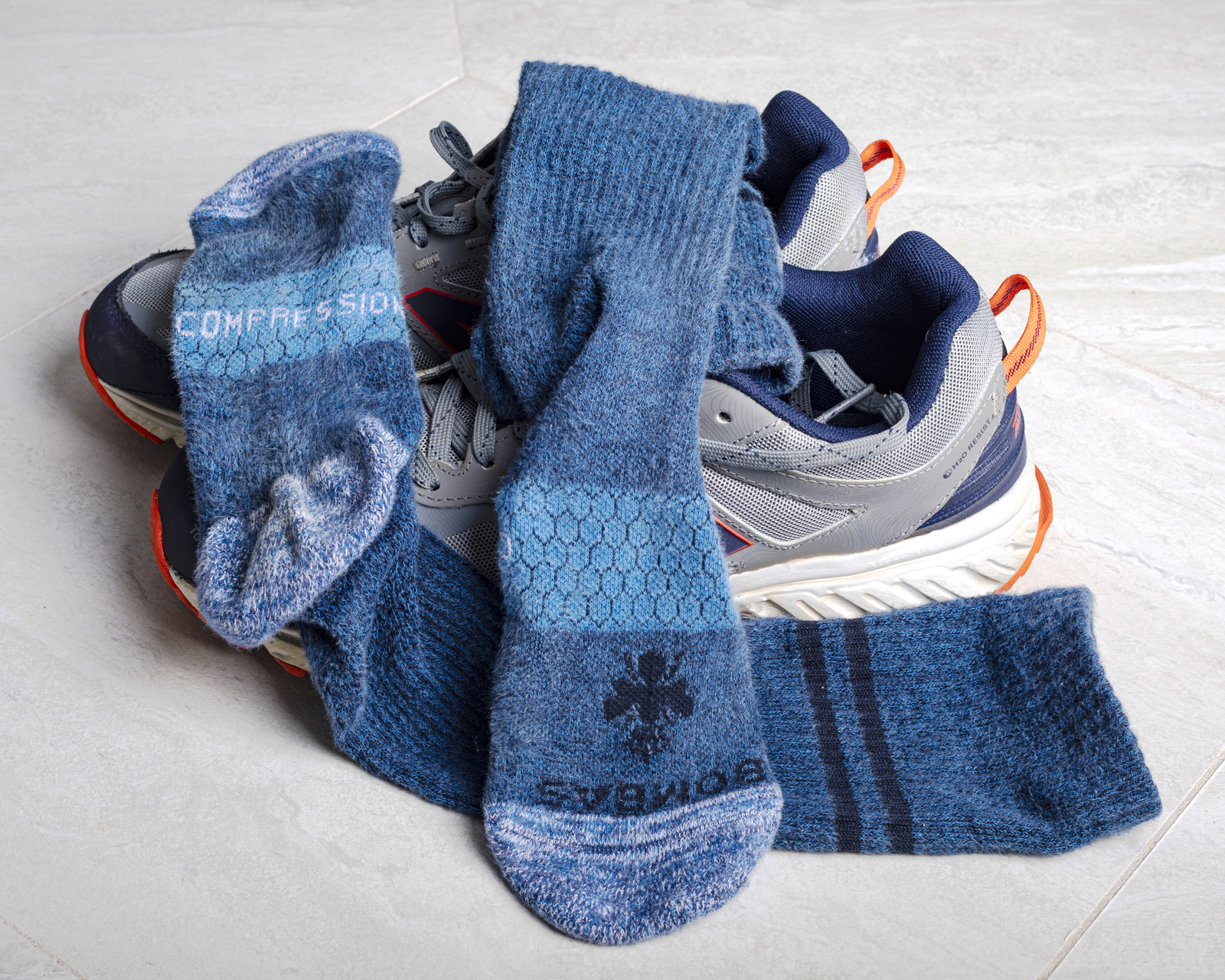 socks, running shoes, compression socks